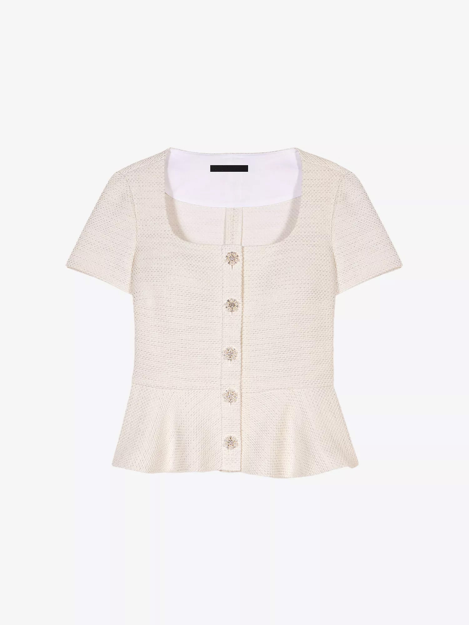 Short-Sleeve Peplum Tweed Top