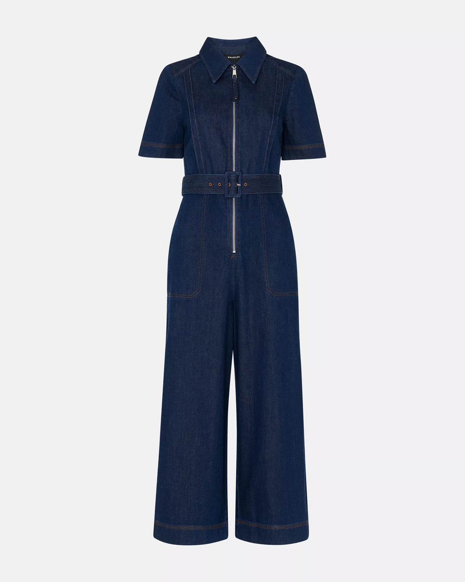 Pin-Tuck Belted Denim Jumpsuit