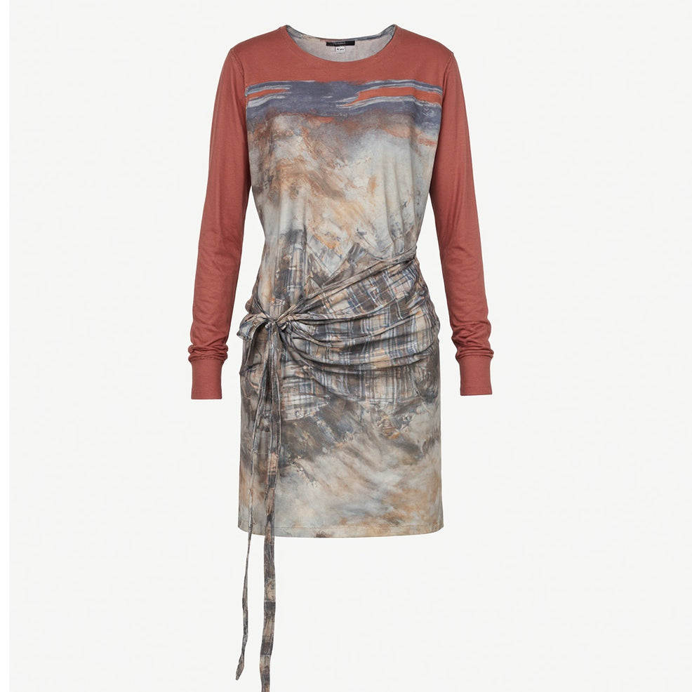 Rust Abstract Tie-Waist Jersey Dress