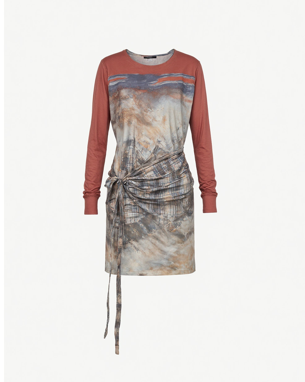 Rust Abstract Tie-Waist Jersey Dress