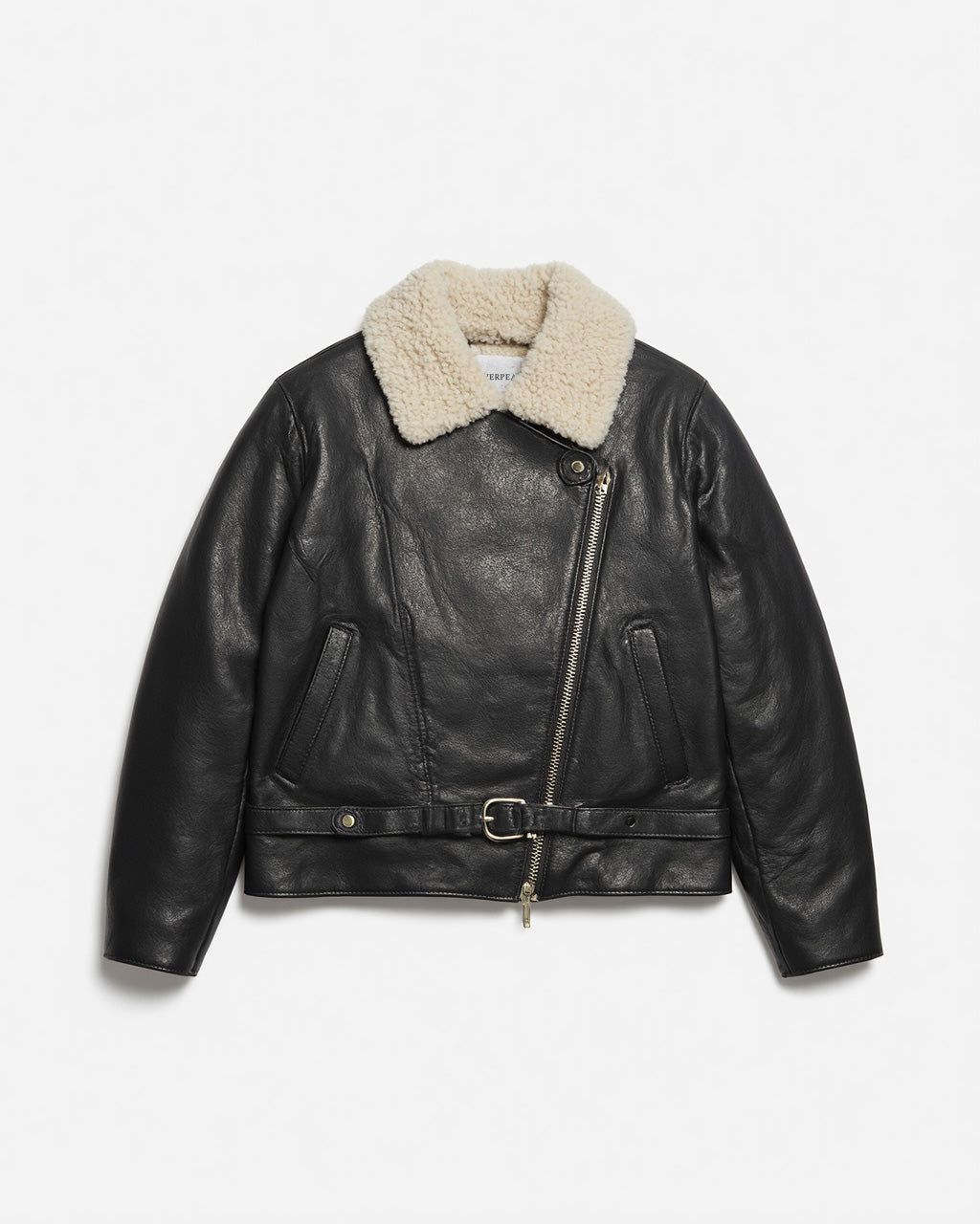 Black Shearling-Collar Leather Moto Jacket