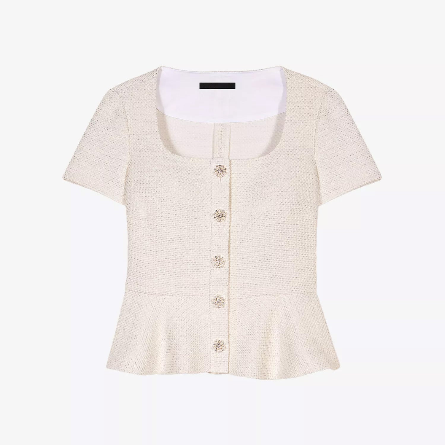Short-Sleeve Peplum Tweed Top