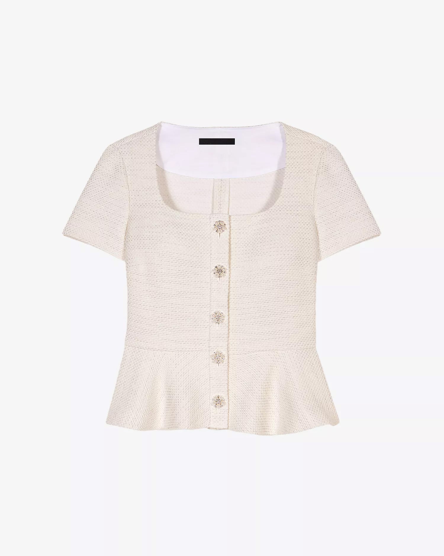 Short-Sleeve Peplum Tweed Top