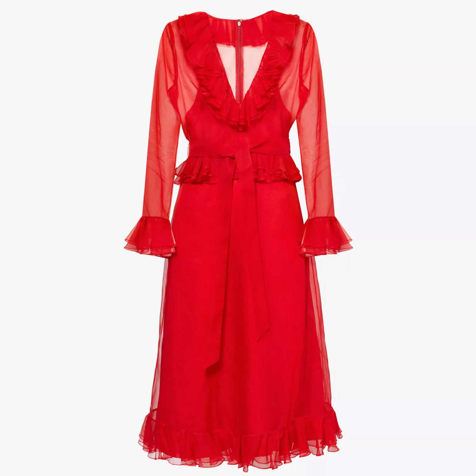 V-neck ruffle-trim silk midi dress