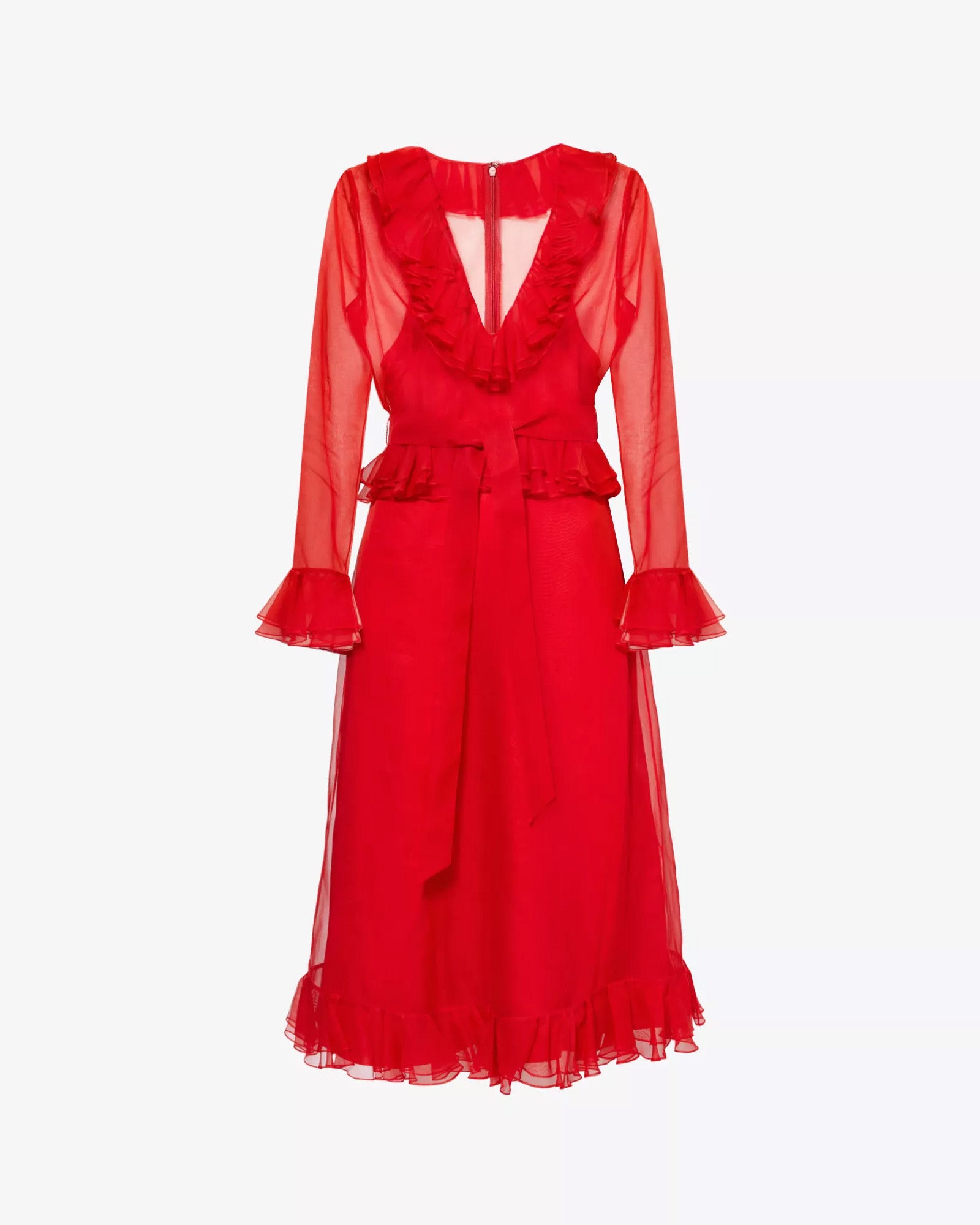 V-neck ruffle-trim silk midi dress