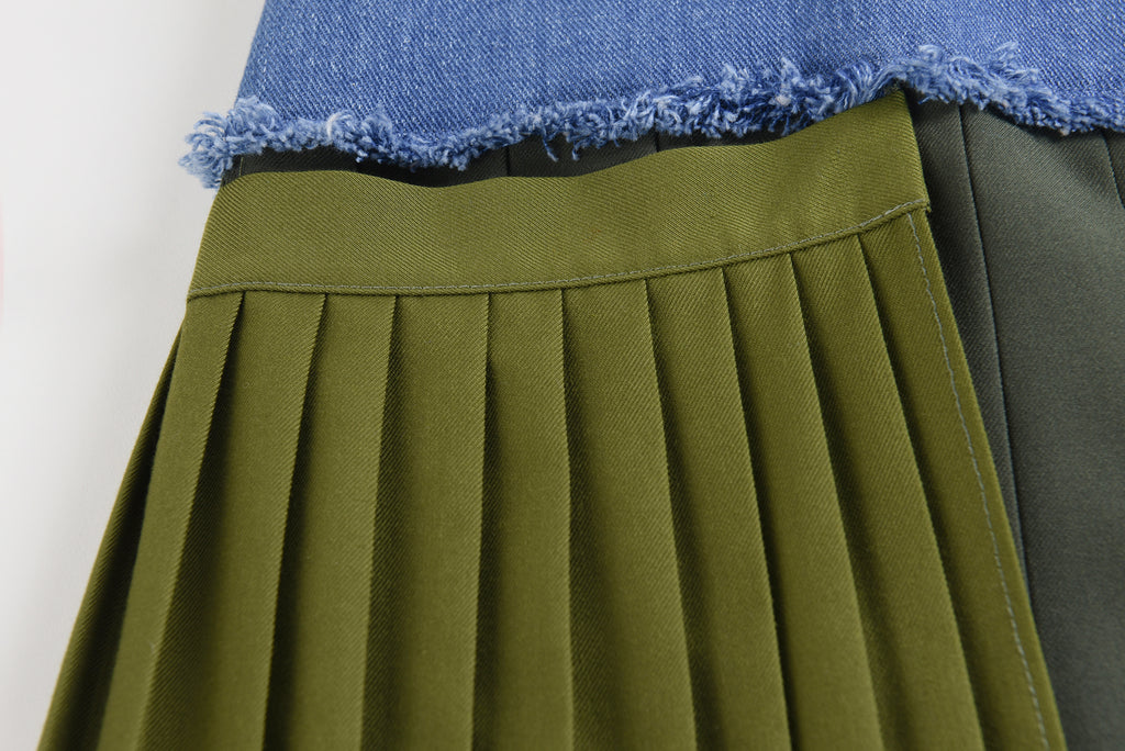 Pleated Denim Midi Skirt
