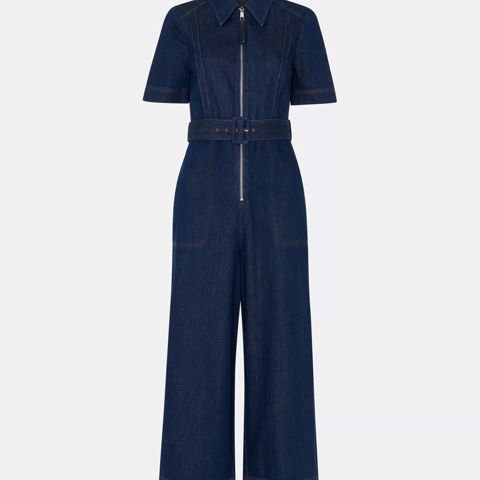 Pin-Tuck Belted Denim Jumpsuit