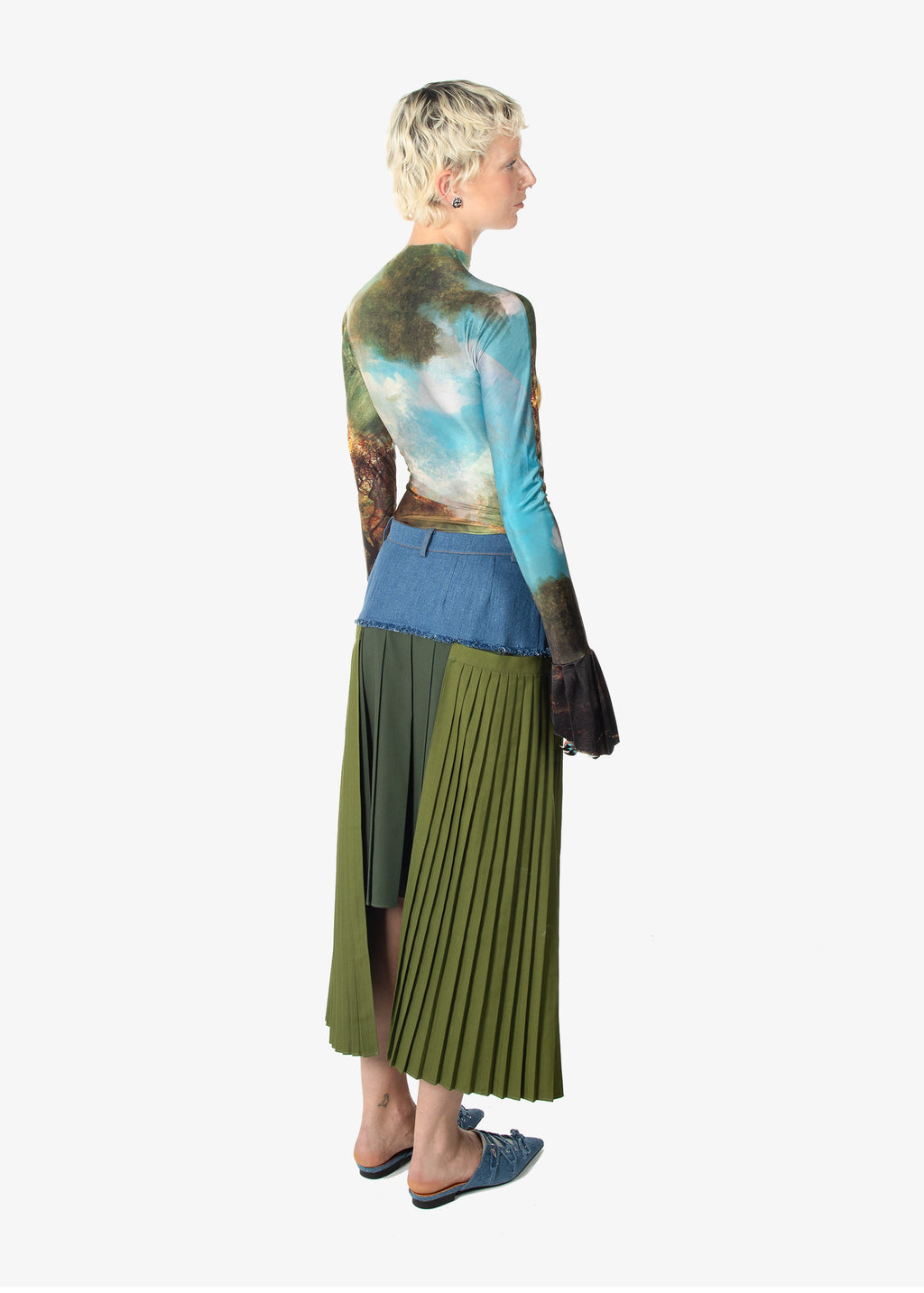 Pleated denim midi skirt back