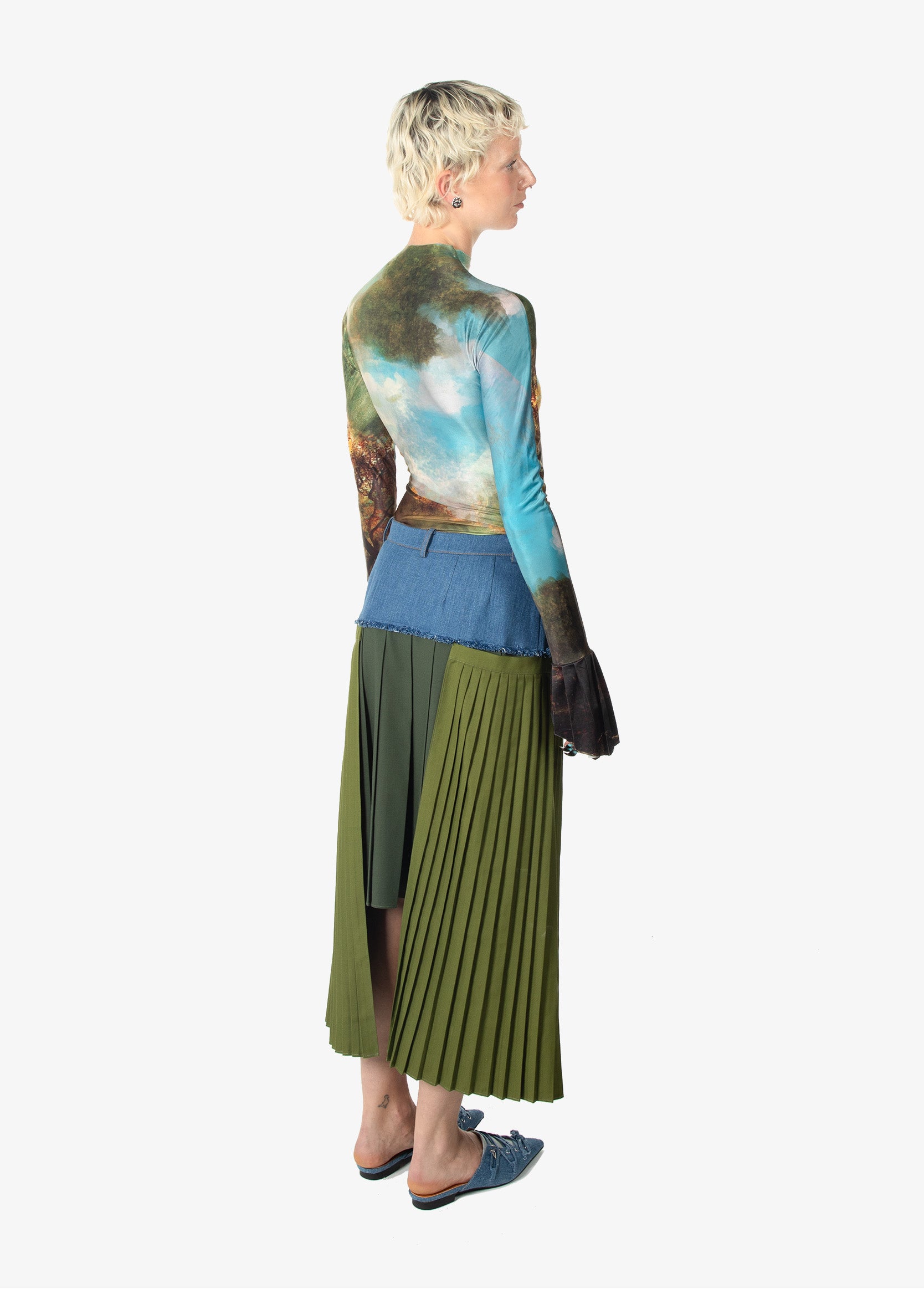 Pleated denim midi skirt back