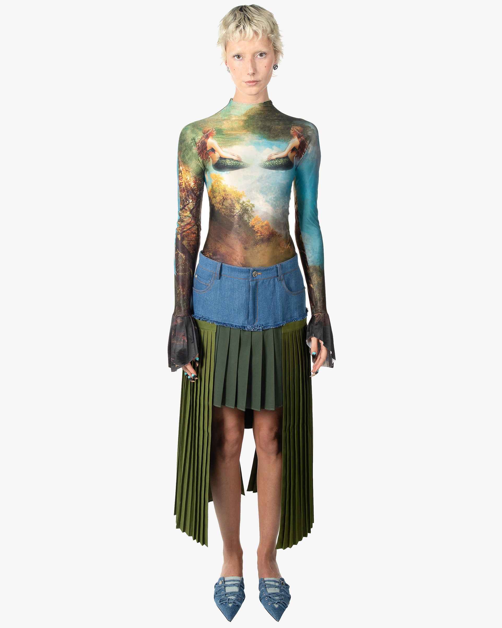 Pleated Denim Midi Skirt front