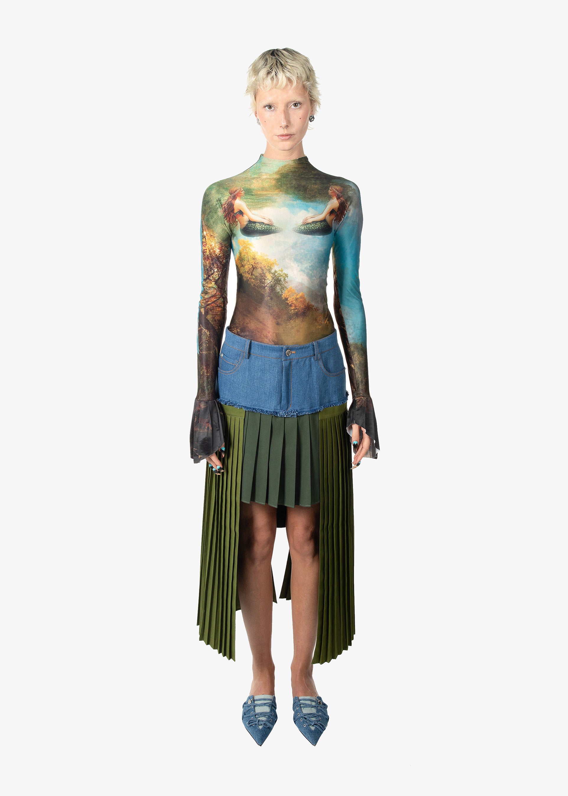 Pleated Denim Midi Skirt front