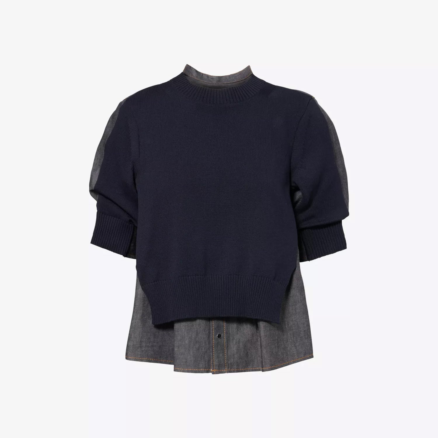 Contrast-Knit Puffed-Sleeves Denim Jumper