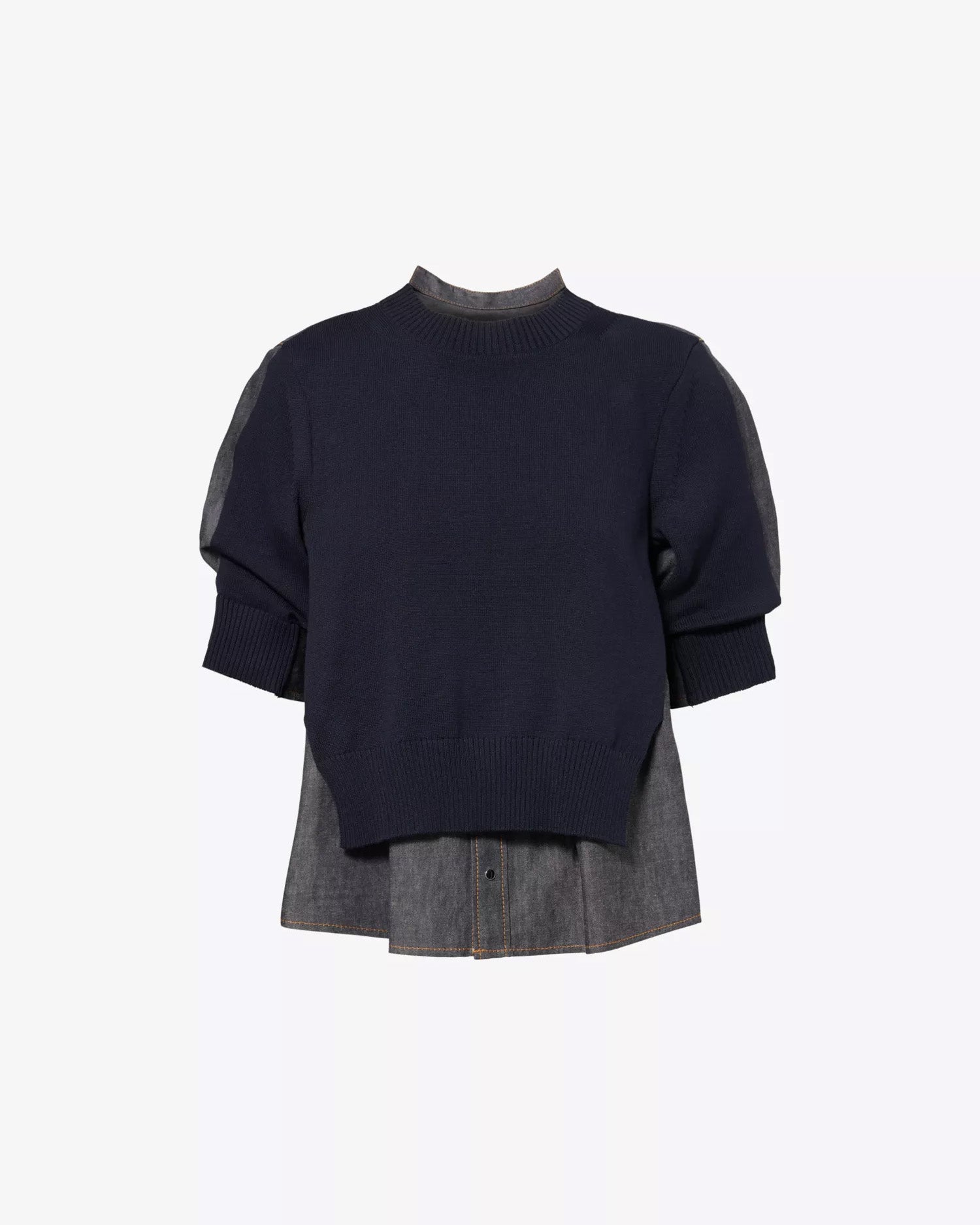 Contrast-Knit Puffed-Sleeves Denim Jumper