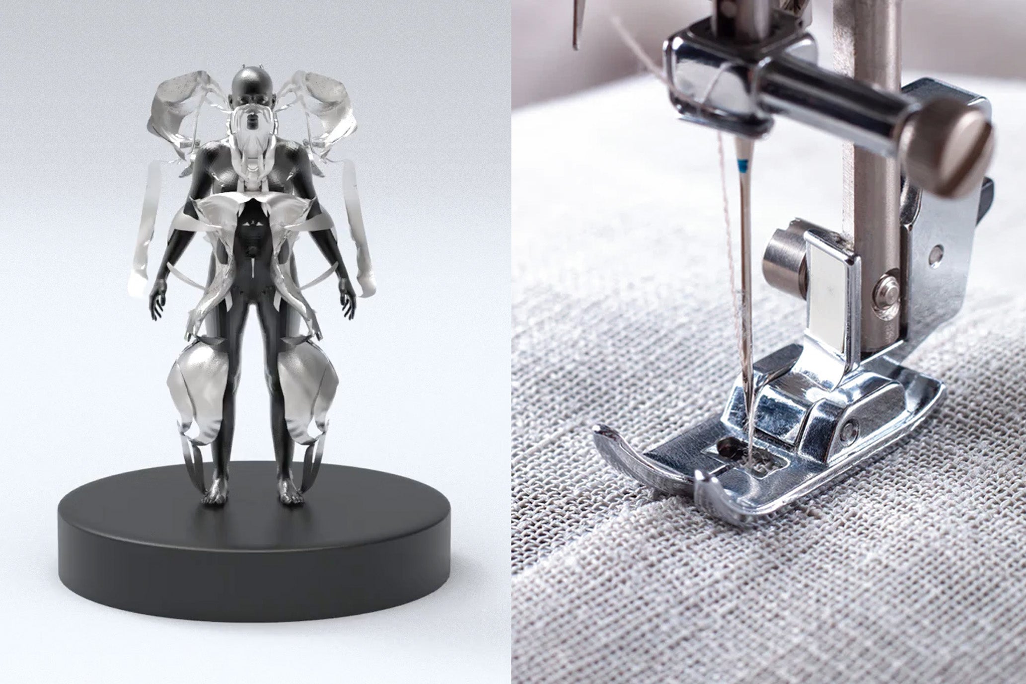 Metallic robot figure on a black stand next to a sewing machine needle and foot on fabric.