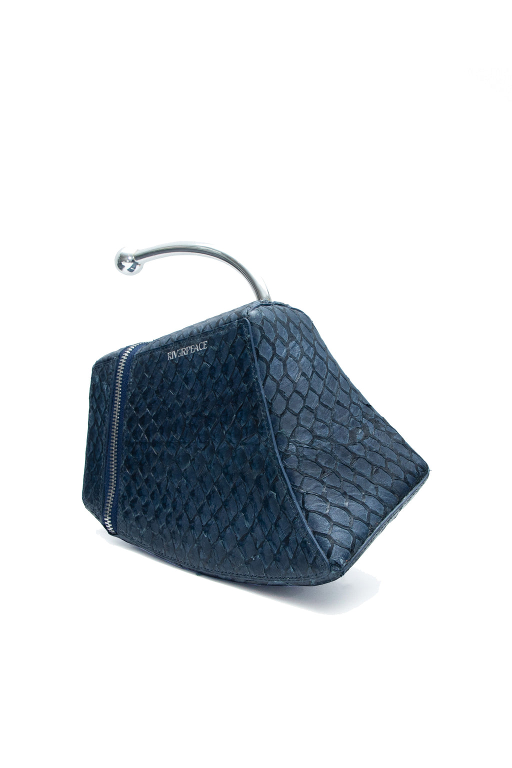 Blue textured handbag with a visible brand name on a white background