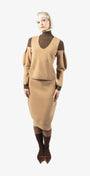 Woman wearing riverpeace sweater and skirt