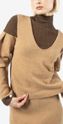 Brown sweater dress with contrasting brown sleeves and neckline